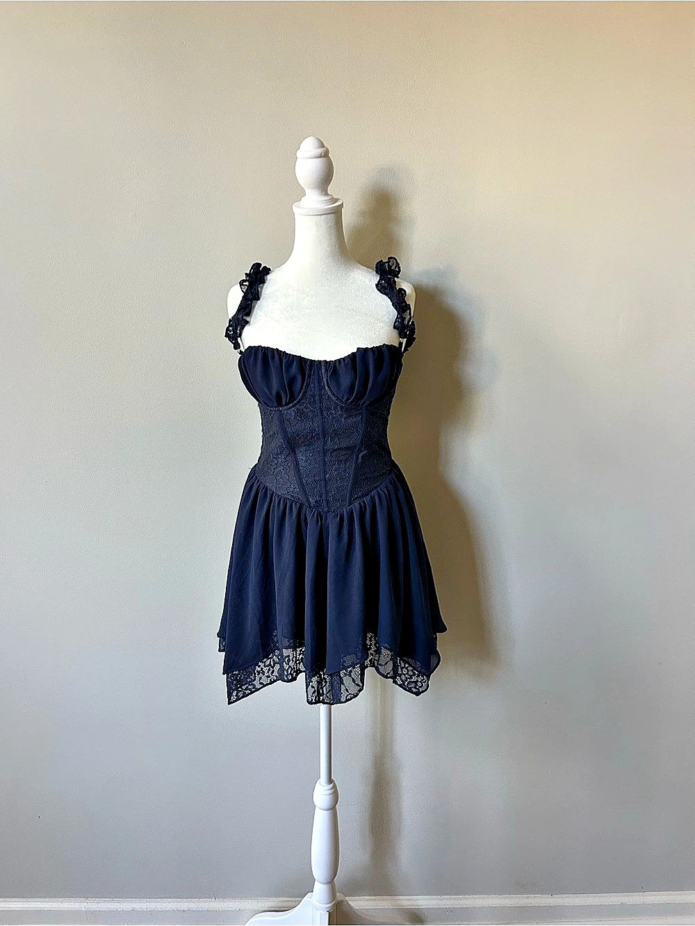 House of CB Navy Asymmetric Corset Mini Dress Blue Small